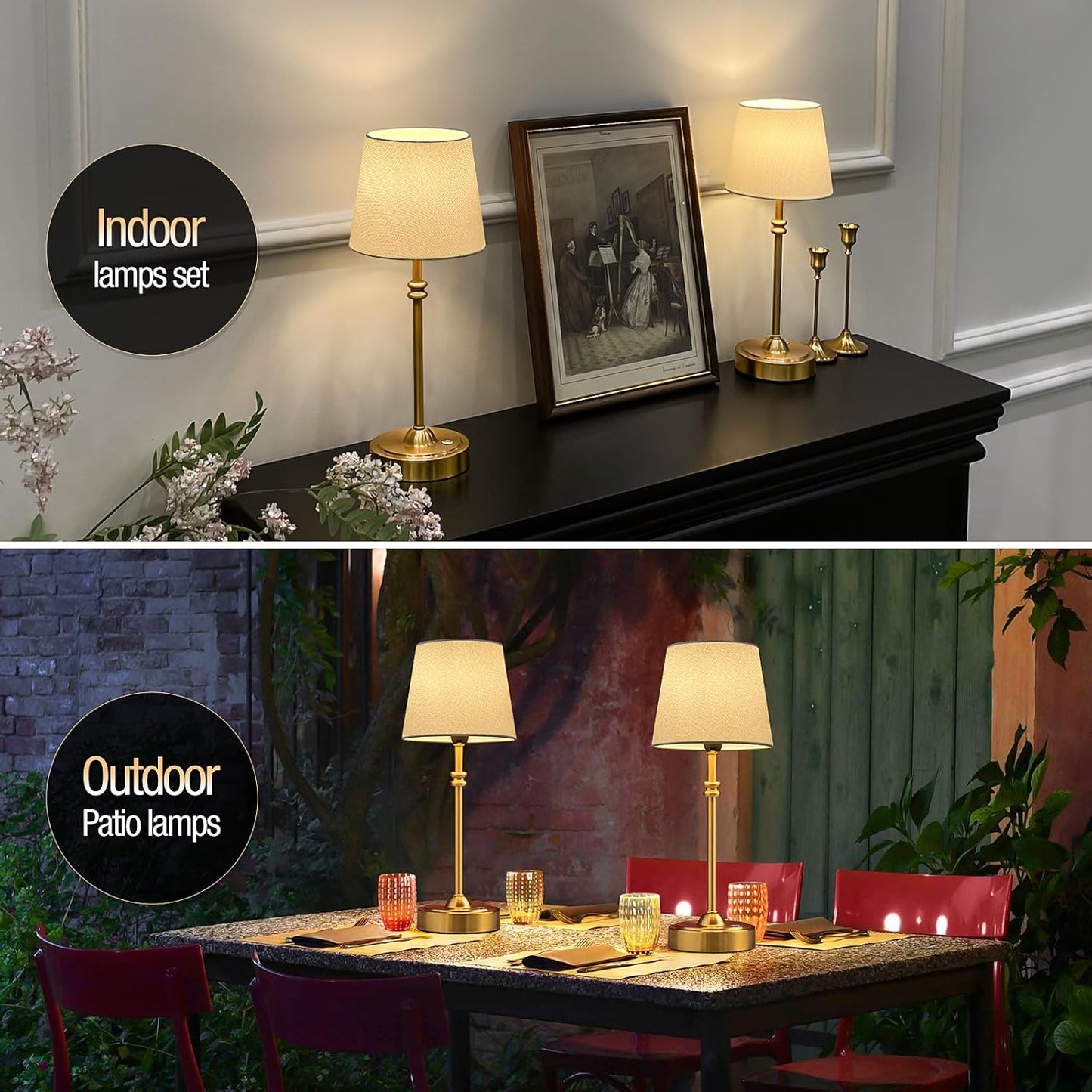 ONEWISH Set of 2 Cordless Table Lamps - Rechargeable, Dimmable, Warm Light for Dining & Patio