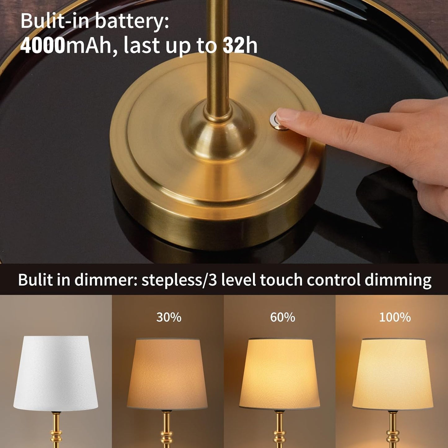 ONEWISH Small Cordless Dimmable-Battery Operated Table Lamp Golden