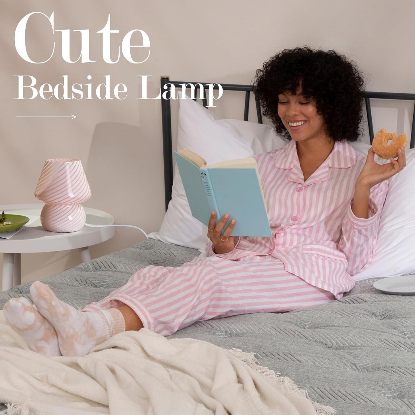 ONEWISH Elegant Striped Mushroom Lamp Pink