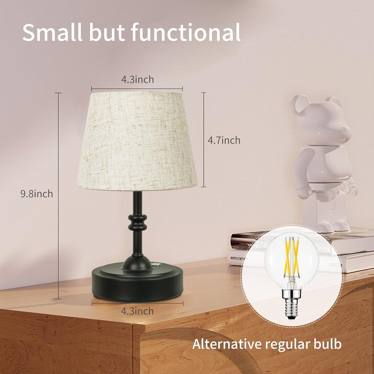 ONEWISH Small Cordless Dimmable-Battery Operated Table Lamp Balck