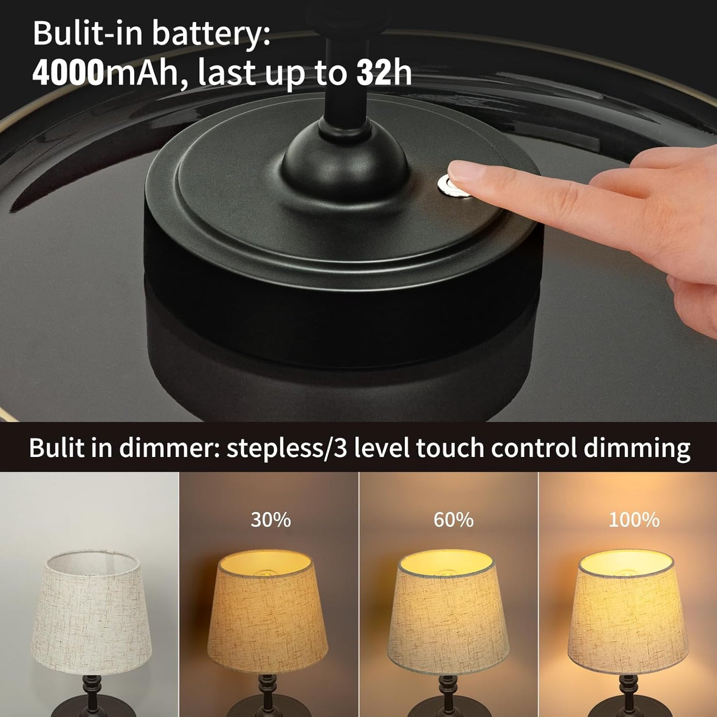 ONEWISH Small Cordless Dimmable-Battery Operated Table Lamp Balck