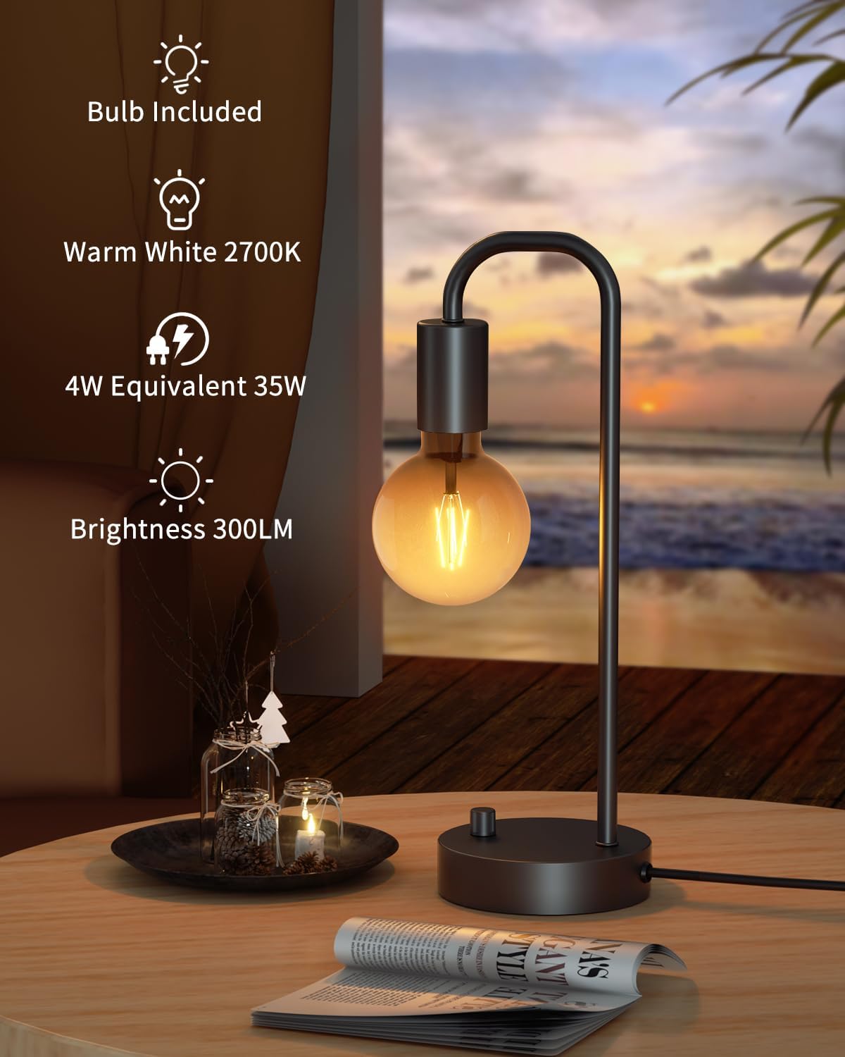 ONEWISH Industrial Dimmable Table Lamp for Bedroom & Office - 2700K Warm Light, Bulb Included