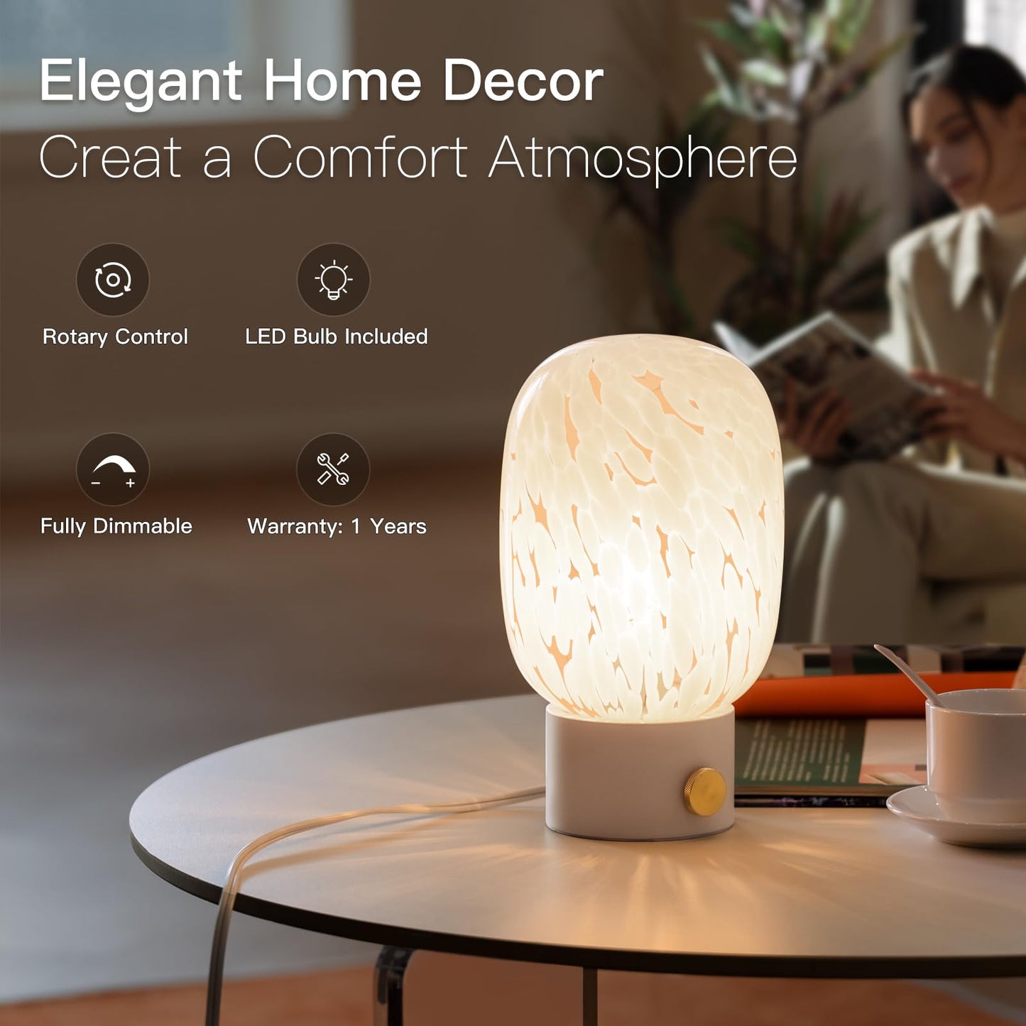 ONEWISH Oval Table Lamp -Vintage Glass Lamp with Bulb for Living Room