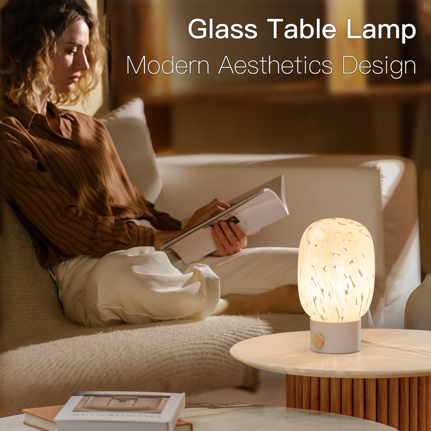 ONEWISH Oval Table Lamp -Vintage Glass Lamp with Bulb for Living Room