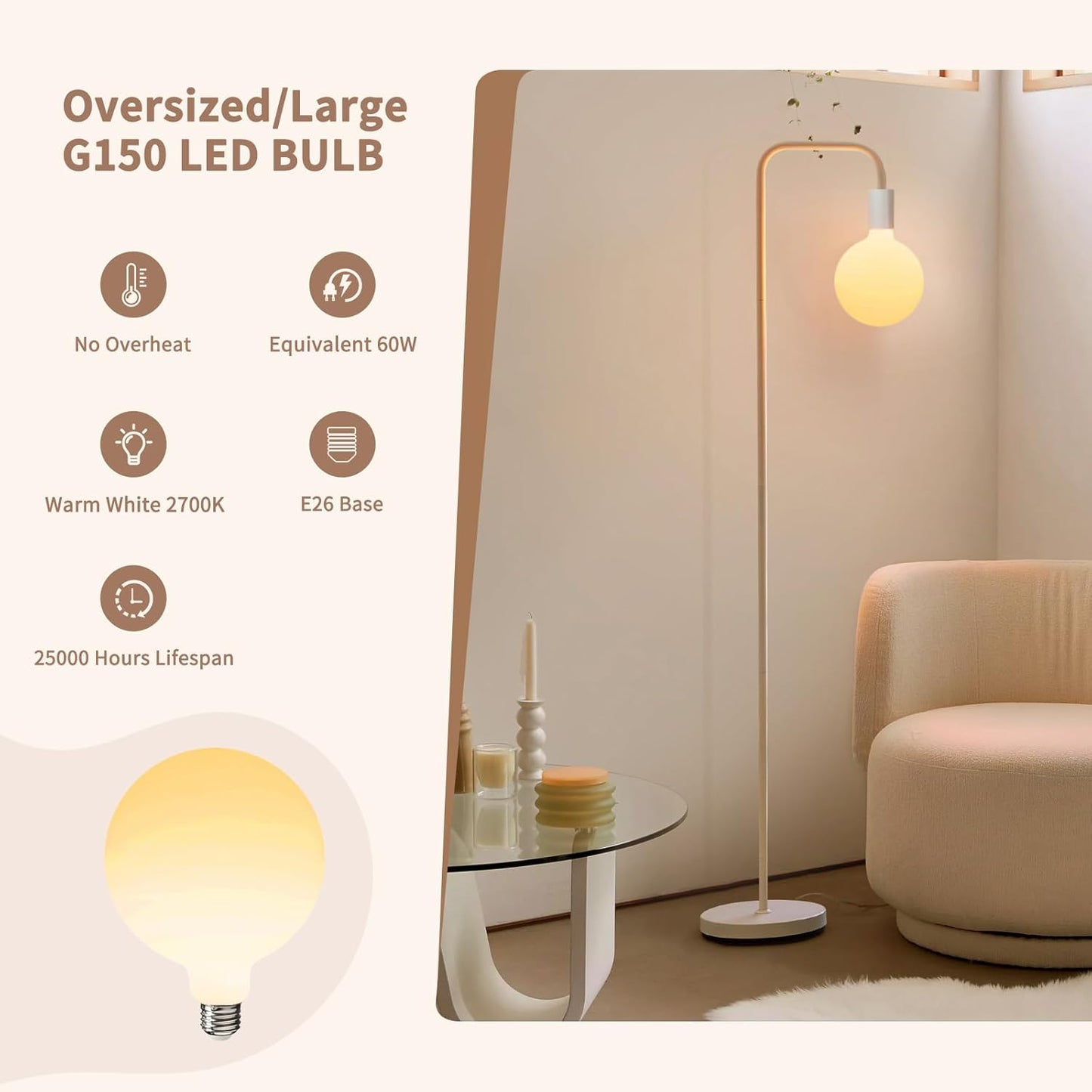 ONEWISH Modern LED Floor Lamp - Matt White Globe Glass 2700k Warm Light