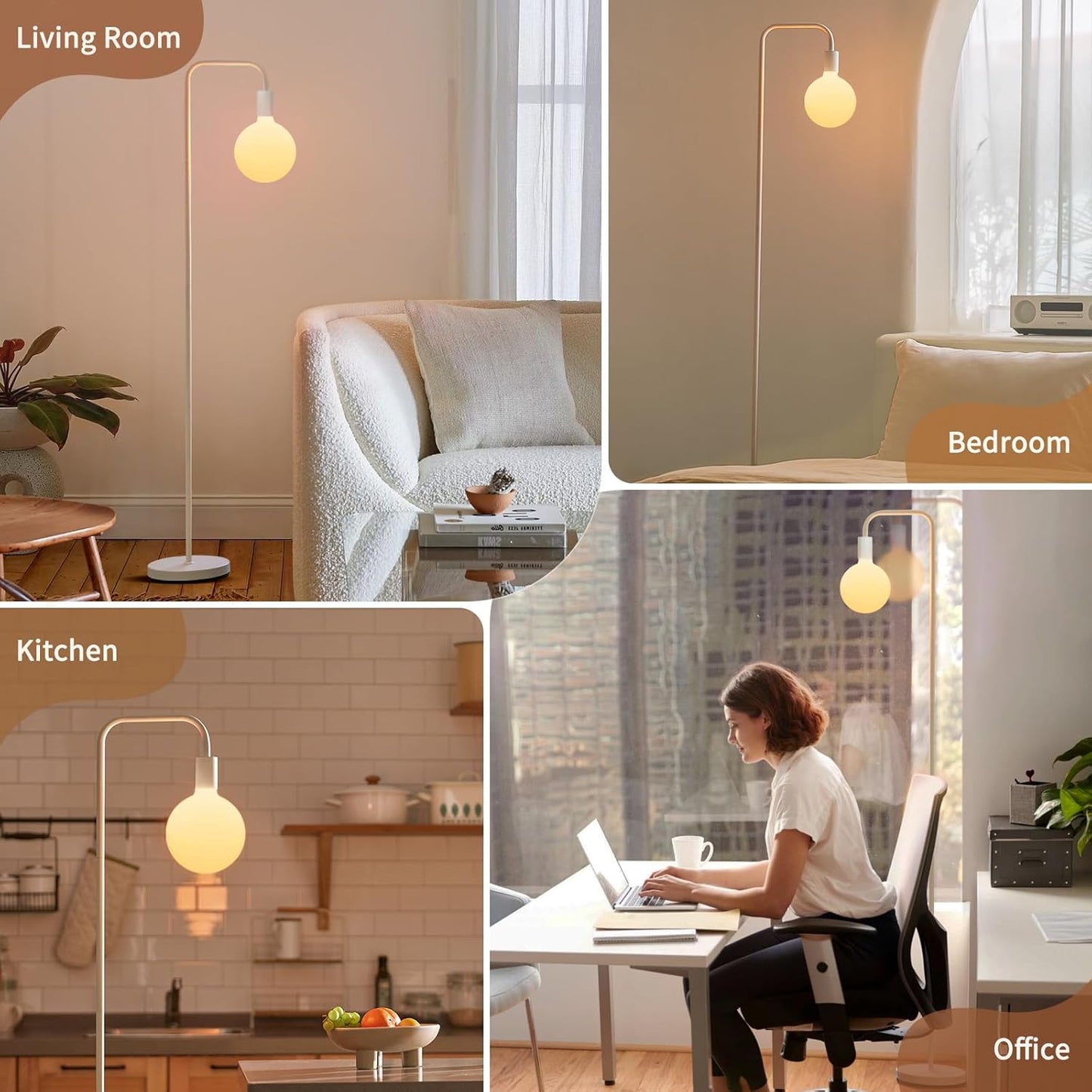ONEWISH Modern LED Floor Lamp - Matt White Globe Glass 2700k Warm Light