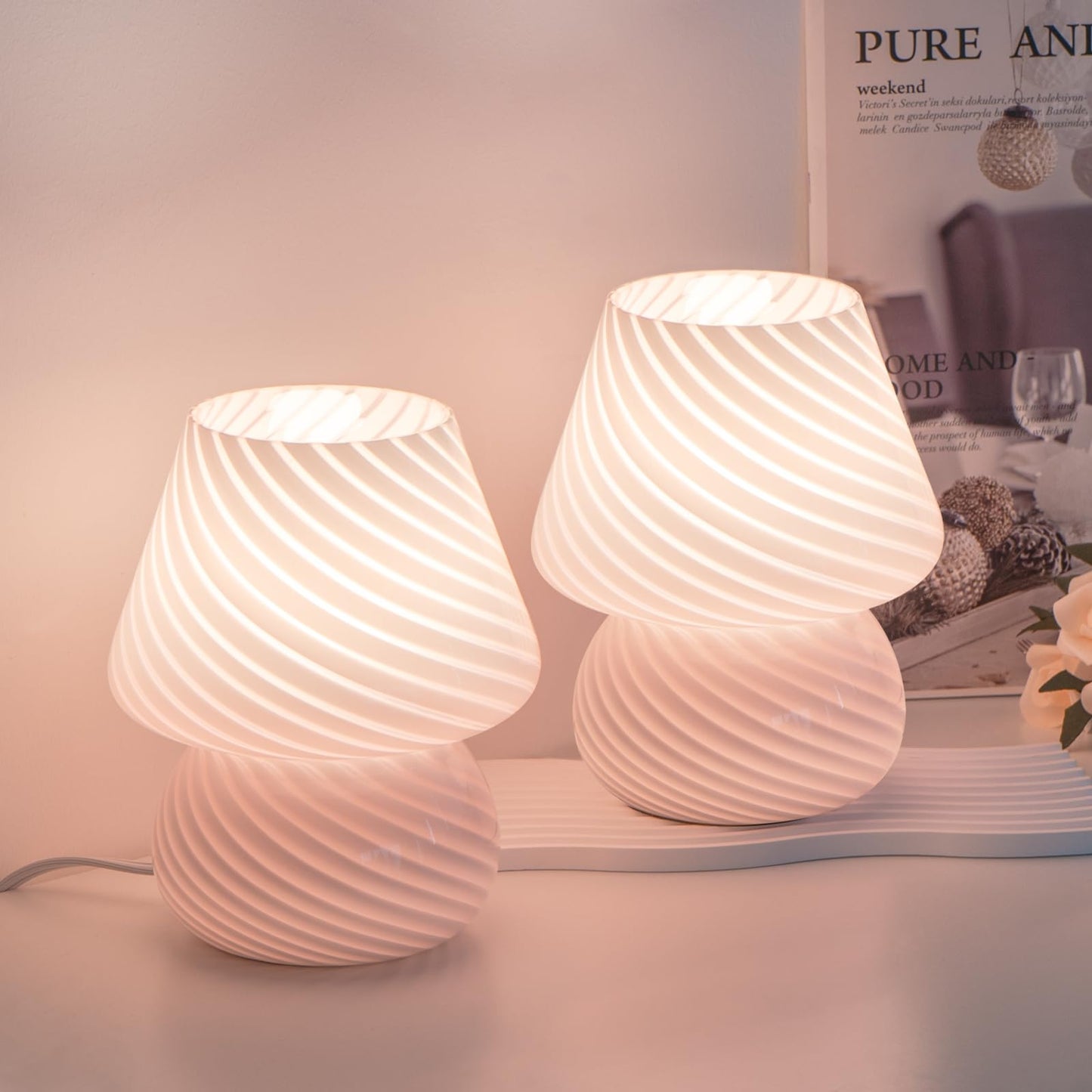 ONEWISH Elegant Striped Mushroom Lamp Pink