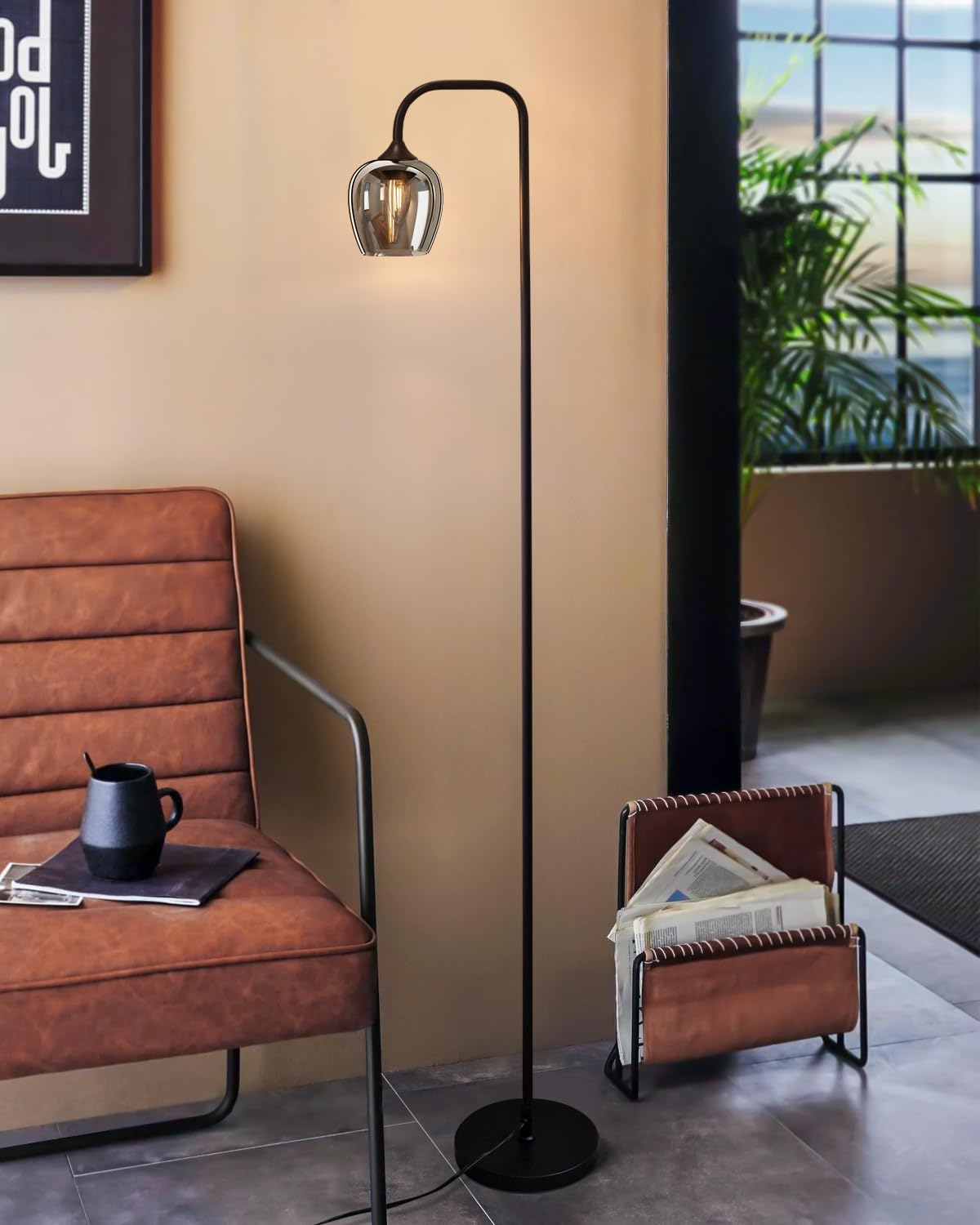 ONEWISH Floor Lamp - Modern Standing Lamp for Living Room Bedroom, Tall Lamp with Globe Glass Lamp Shade Electroplated Mirror Finished, LED Bulb Included, Mid-Centaury Modern Design for Decor, Black