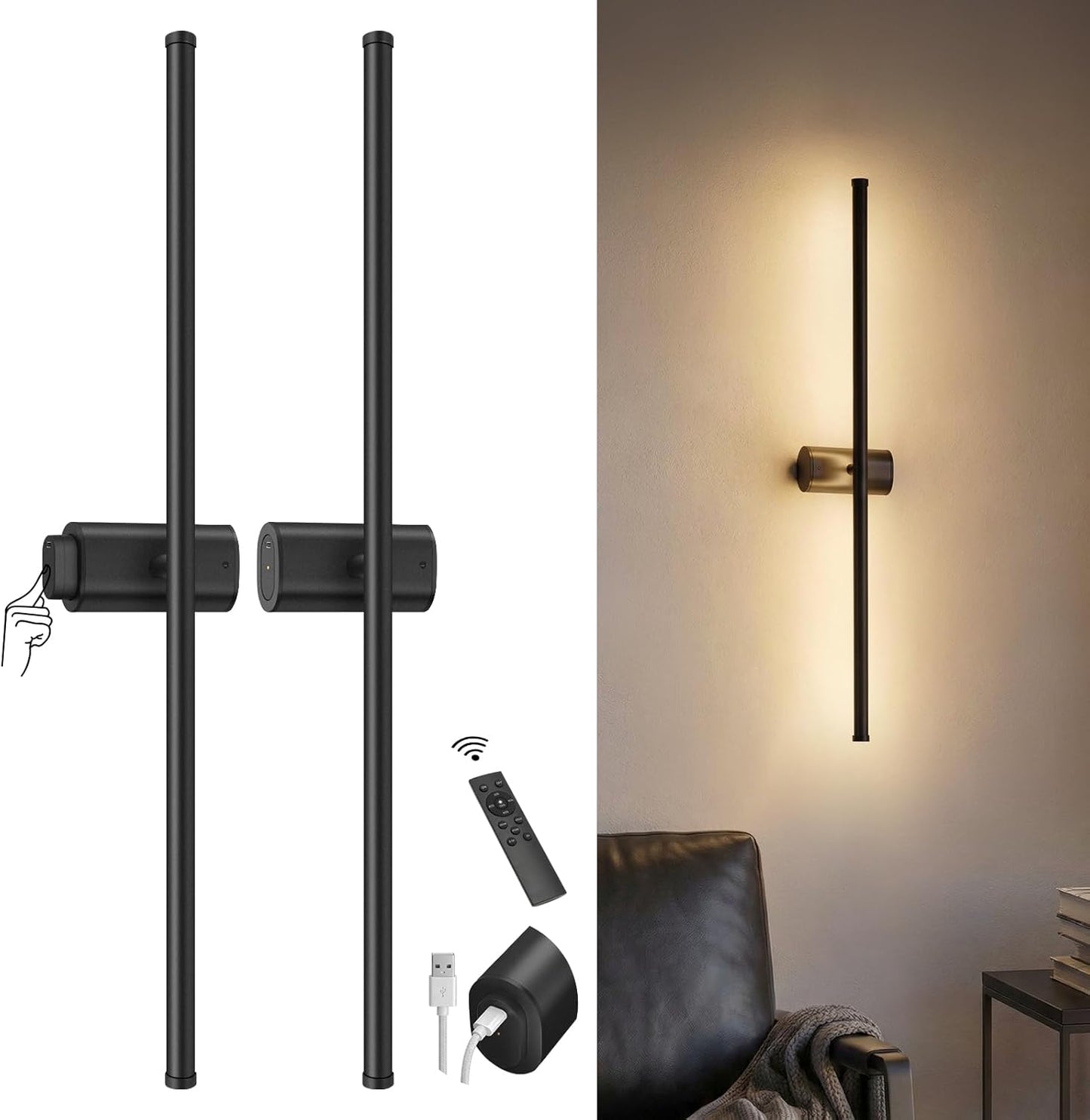 ONEWISH 27.75" Rechargeable Battery Operated Wall Sconces Black