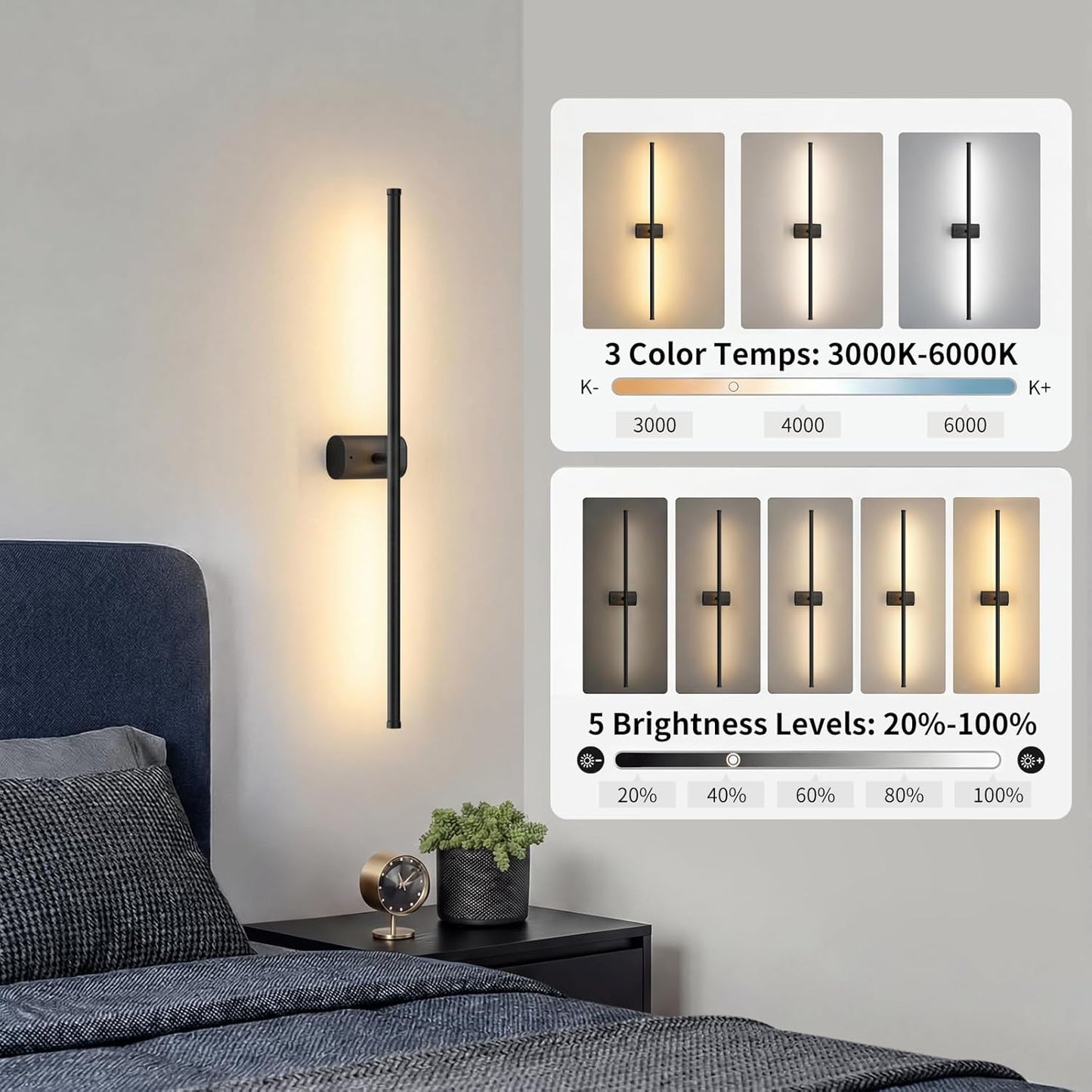 ONEWISH 27.75" Rechargeable Battery Operated Wall Sconces Black
