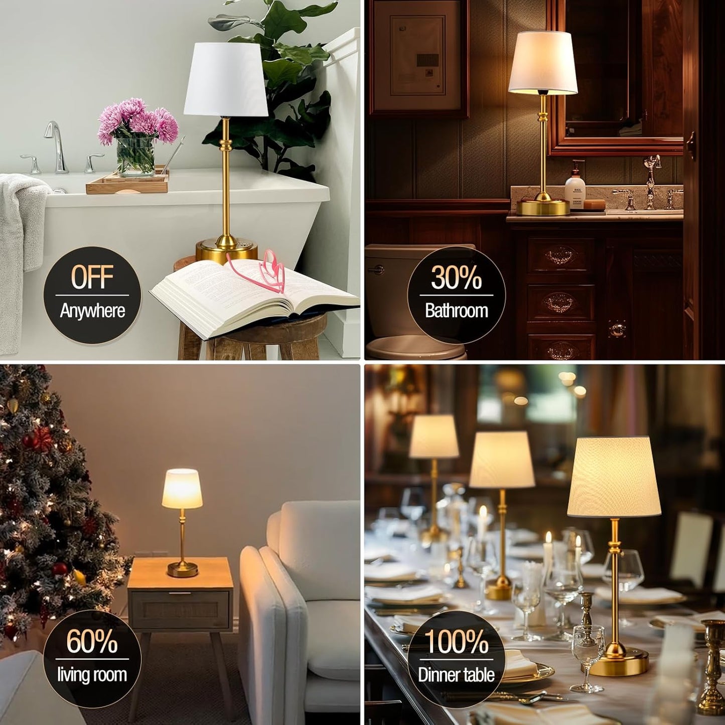 ONEWISH Set of 2 Cordless Table Lamps - Rechargeable, Dimmable, Warm Light for Dining & Patio