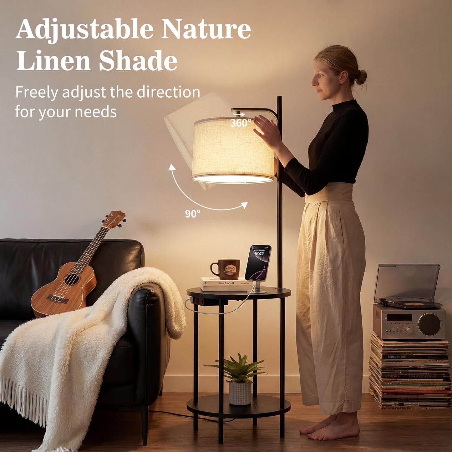 ONEWISH Modern Round Table  Bedroom & Living Room Floor Lamp Black