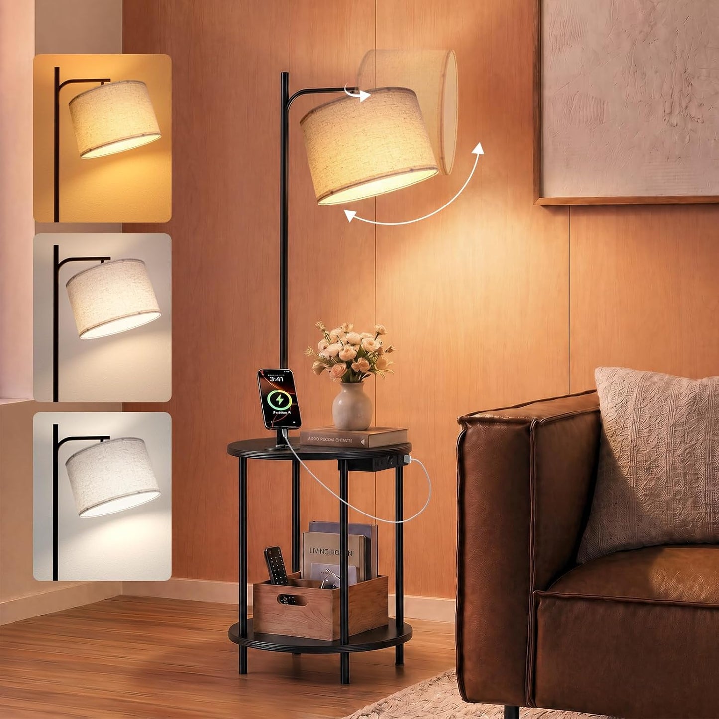 ONEWISH Modern Round Table  Bedroom & Living Room Floor Lamp Black