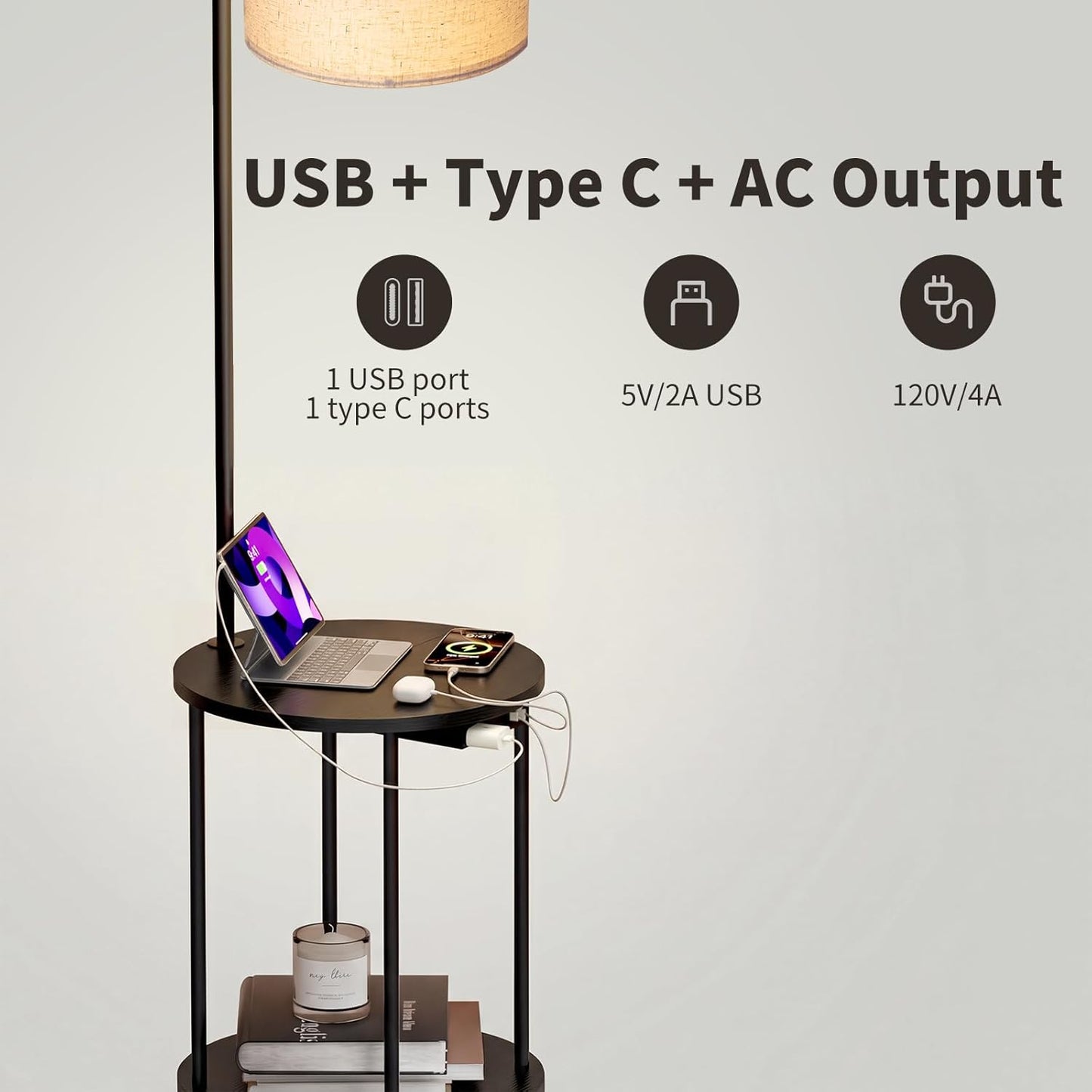 ONEWISH Modern Round Table  Bedroom & Living Room Floor Lamp Black