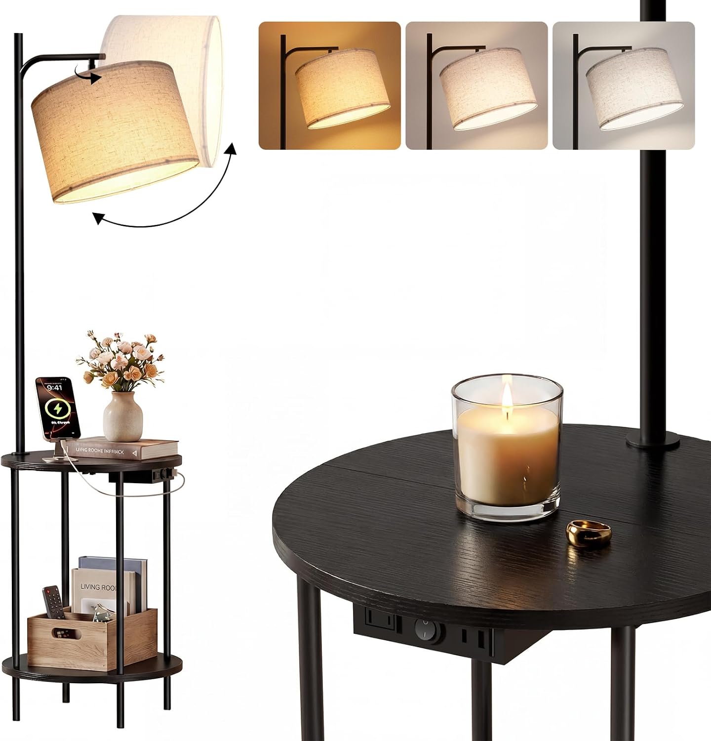 ONEWISH Modern Round Table  Bedroom & Living Room Floor Lamp Black