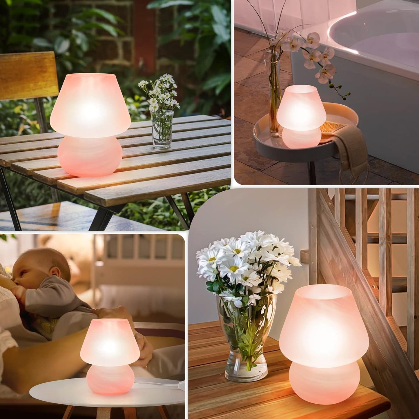 ONEWISH Mushroom Lamp Small Vintage Table Lamp Pink
