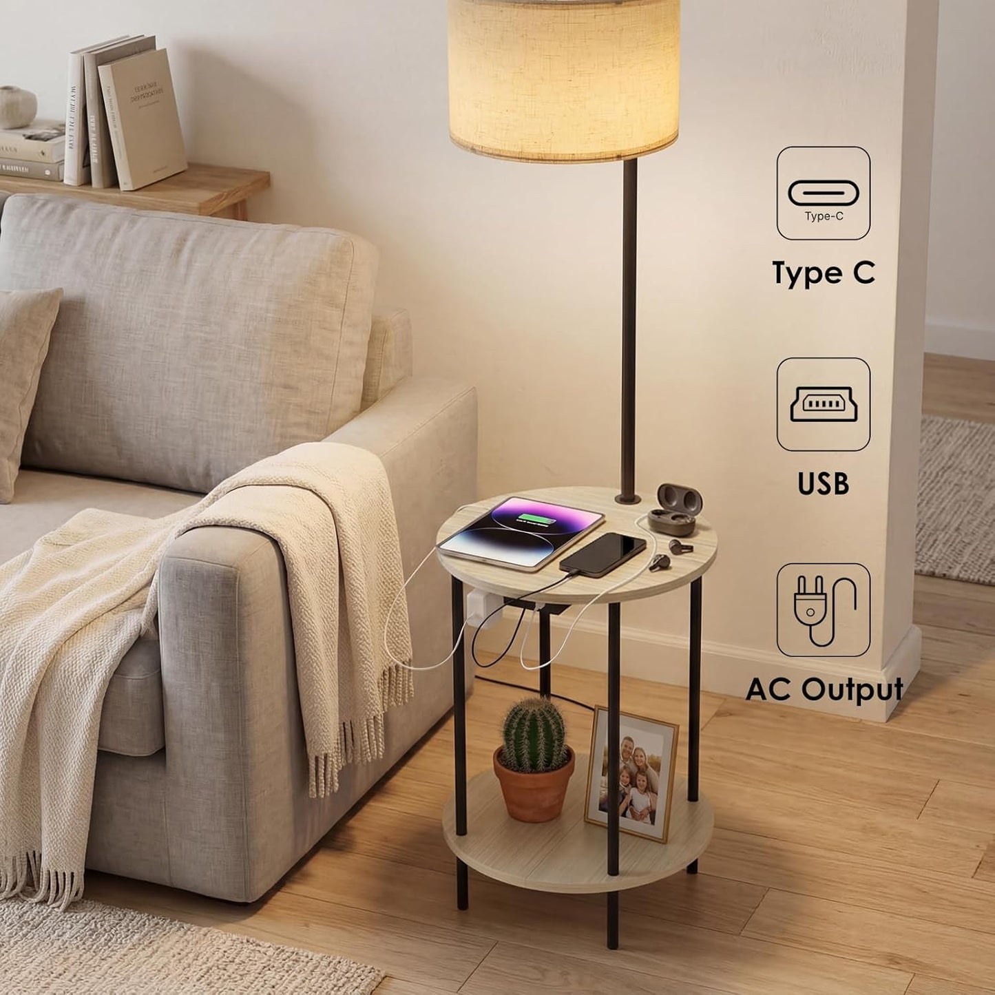 ONEWISH Modern Round Table  Bedroom & Living Room Floor Lamp White