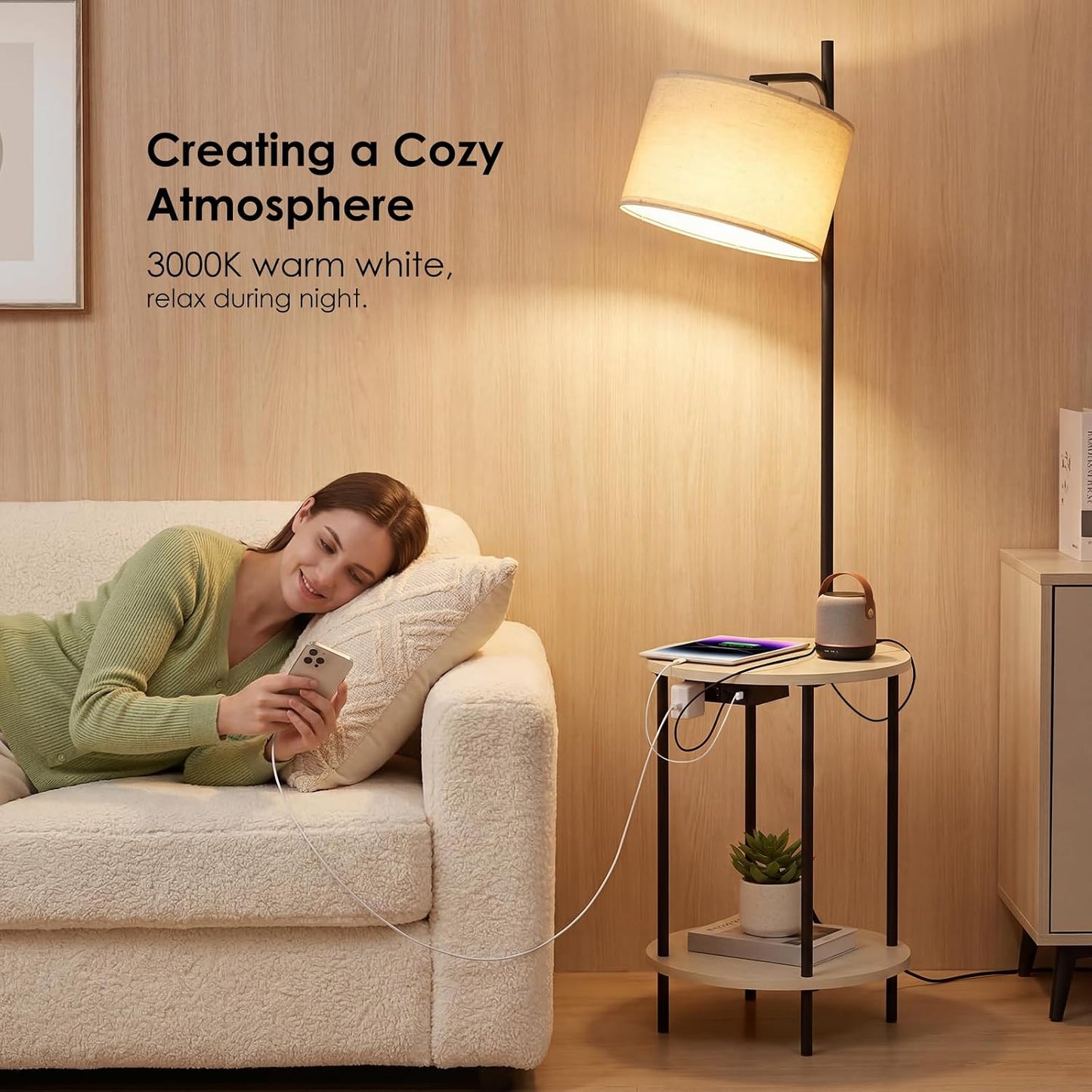 ONEWISH Modern Round Table  Bedroom & Living Room Floor Lamp White