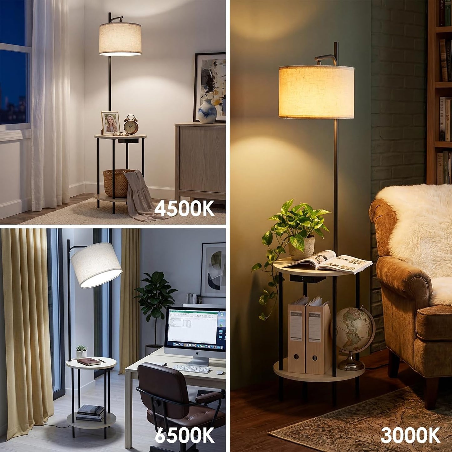 ONEWISH Modern Round Table  Bedroom & Living Room Floor Lamp White