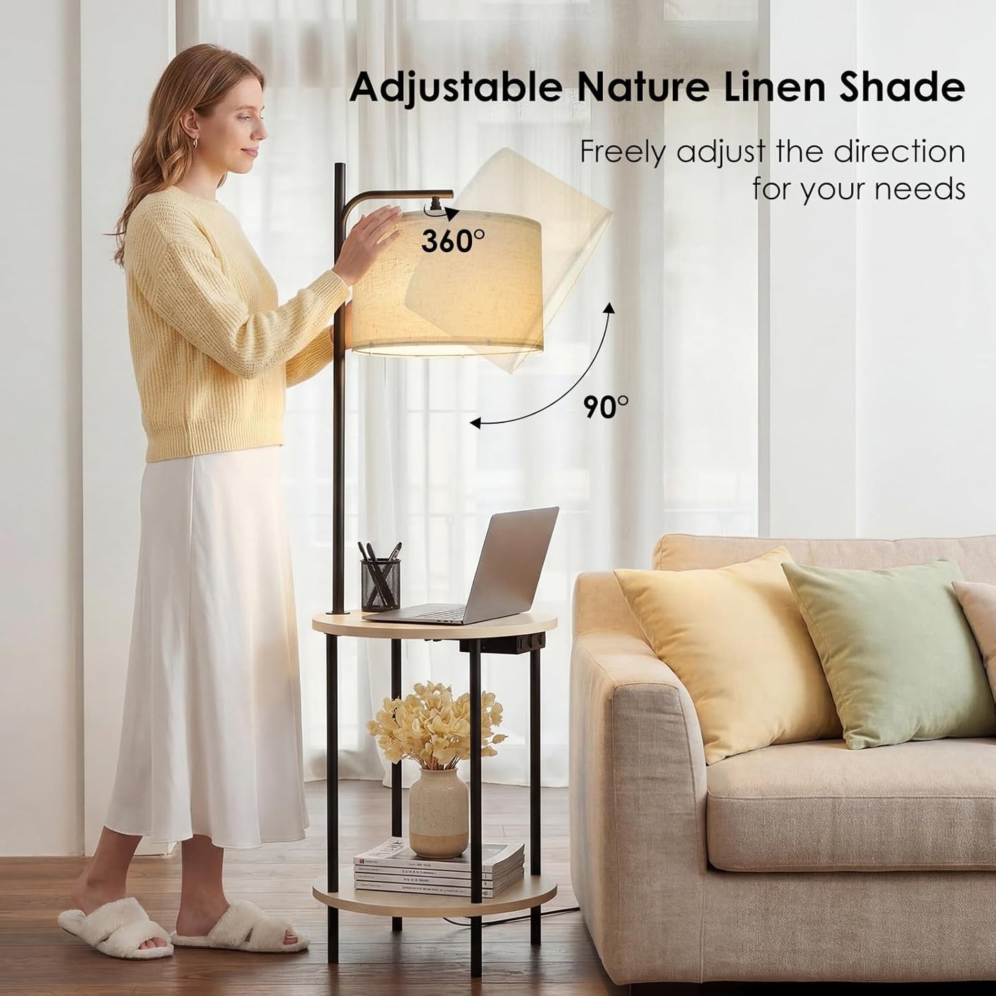 ONEWISH Modern Round Table  Bedroom & Living Room Floor Lamp White