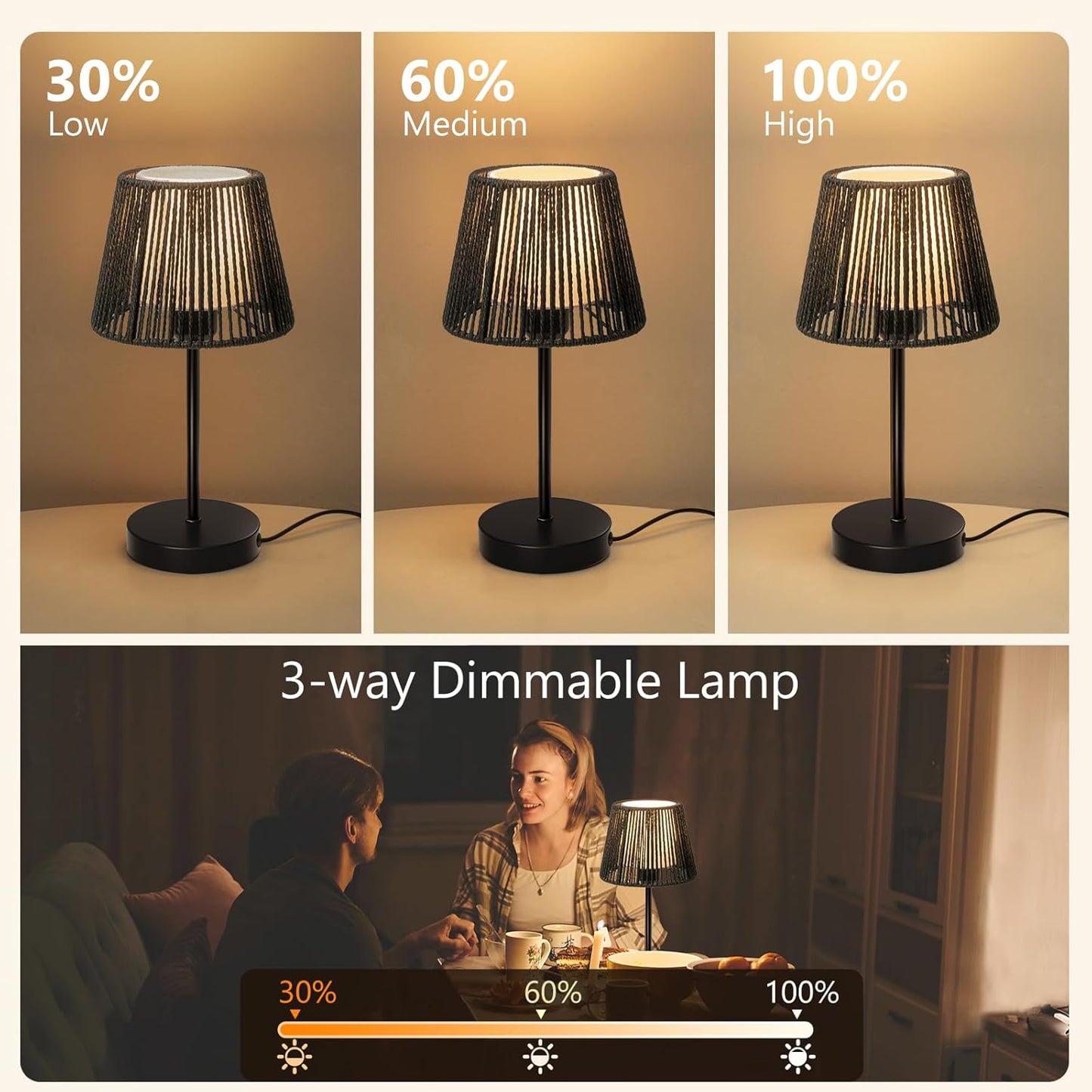 Onewish 3-Way Dimmable Boho Touch Table Lamps Balck