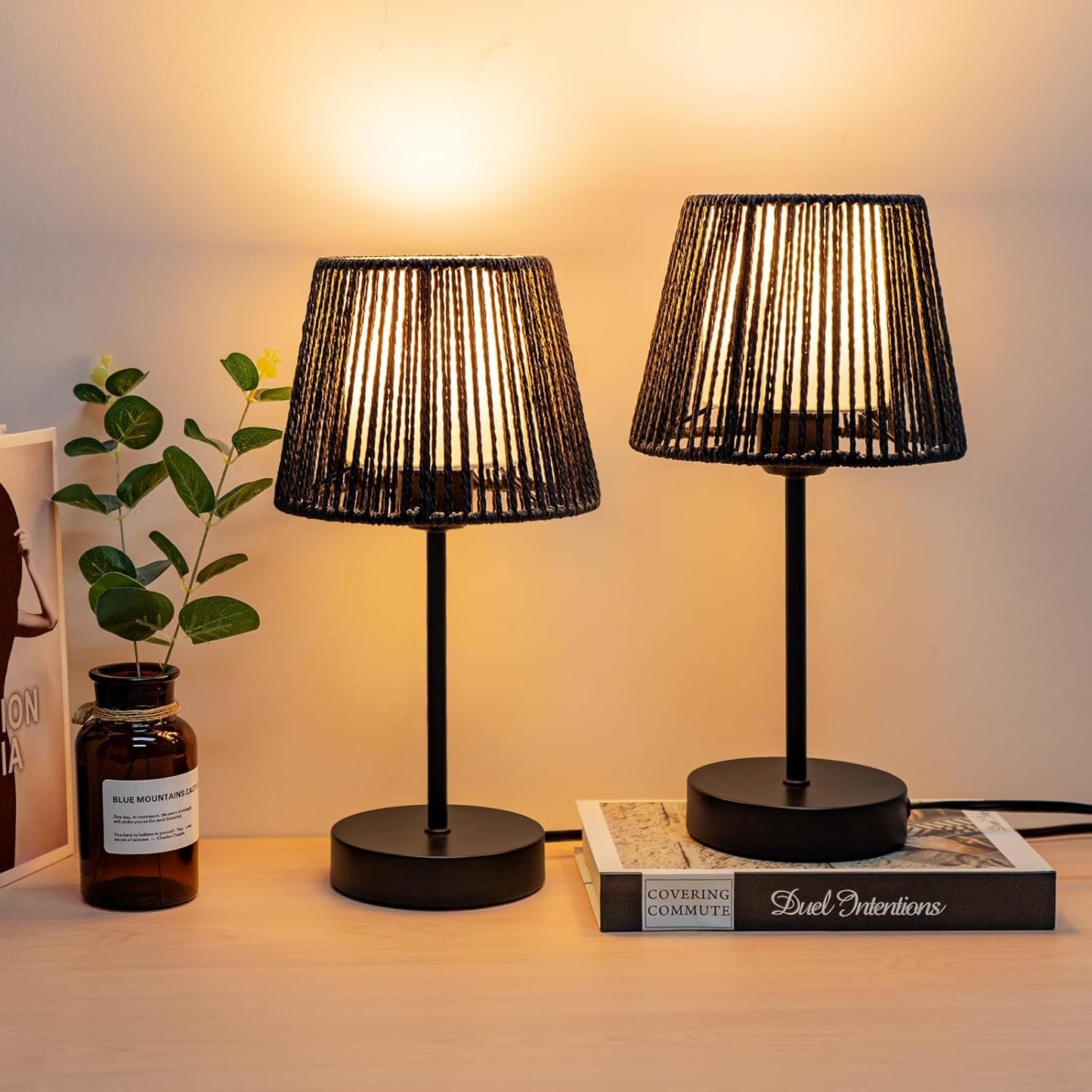 Onewish 3-Way Dimmable Boho Touch Table Lamps Balck