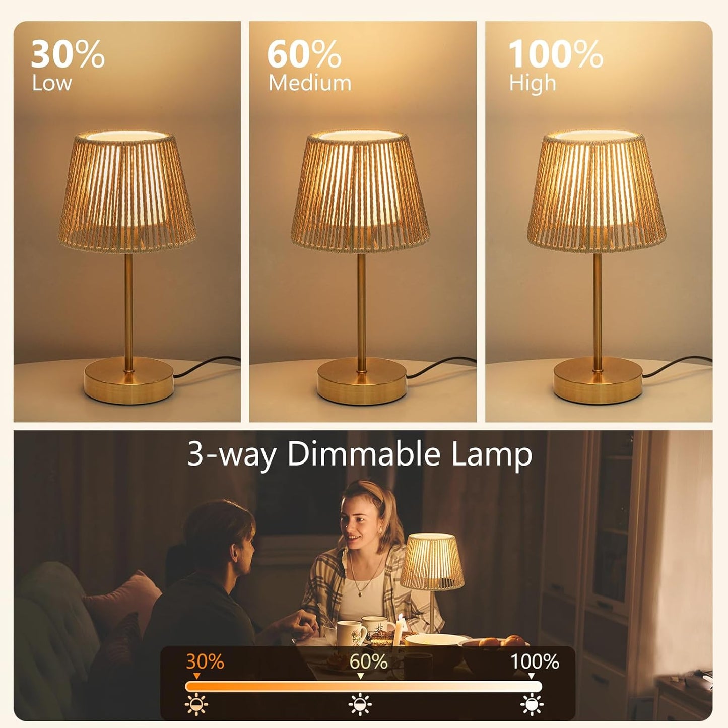 Onewish 3-Way Dimmable Boho Touch Table Lamps Gold