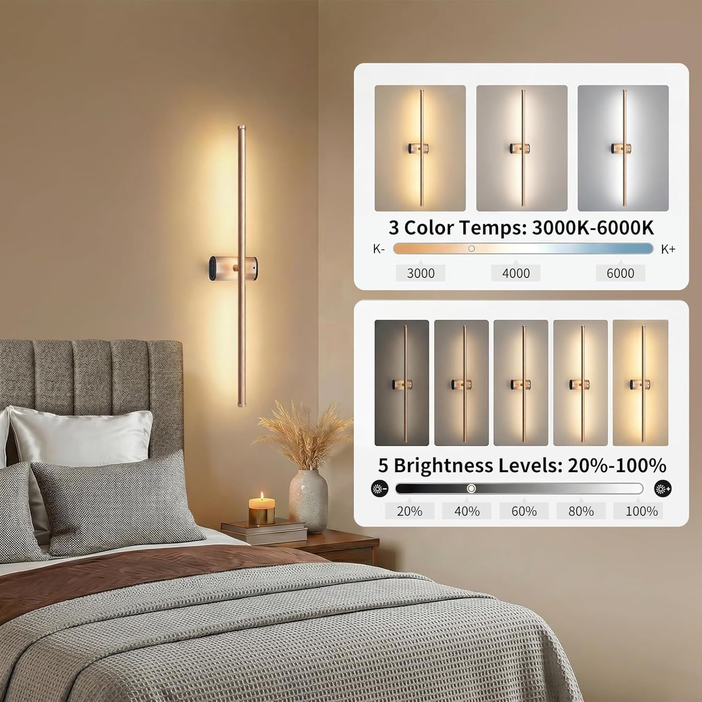 ONEWISH 27.75" Rechargeable Battery Operated Wall Sconces Gloden