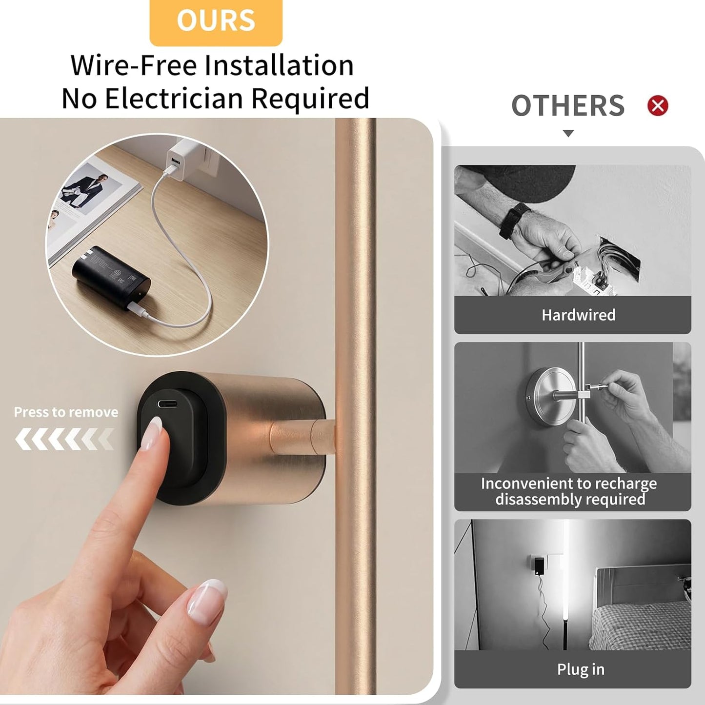 ONEWISH 27.75" Rechargeable Battery Operated Wall Sconces Gloden