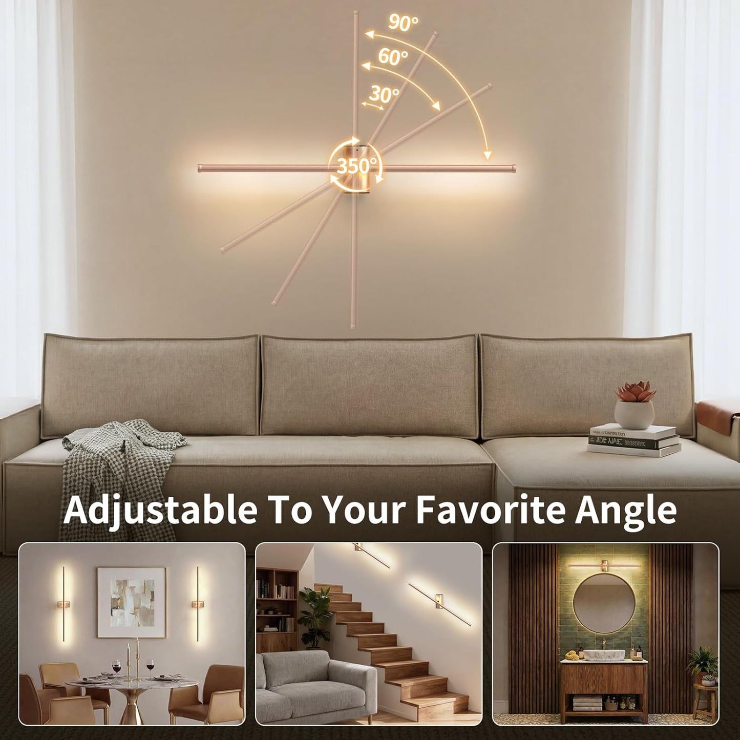 ONEWISH 27.75" Rechargeable Battery Operated Wall Sconces Gloden