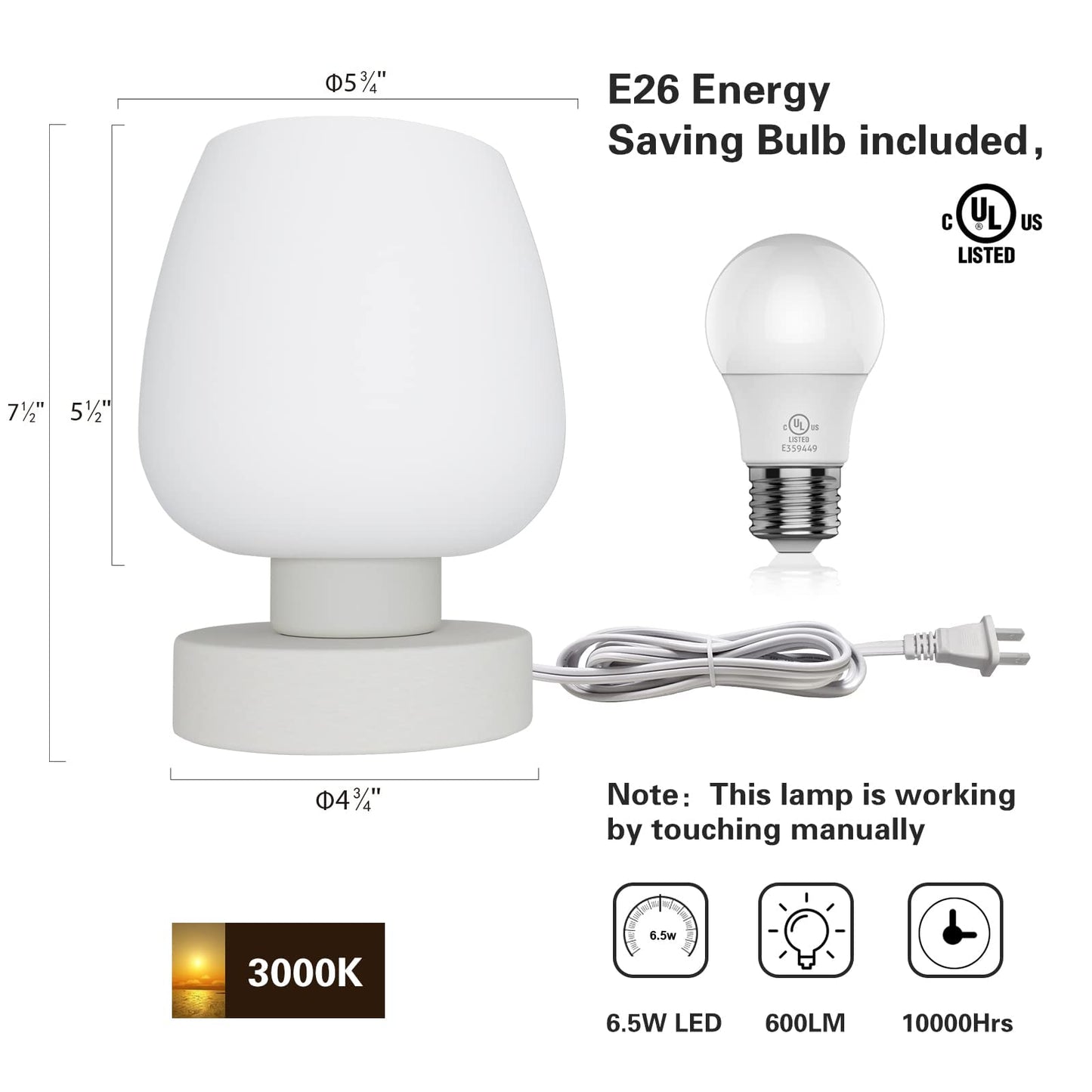 ONEWISH Touch Bedside Table Lamp - Modern Small Lamp for Bedroom Living Room